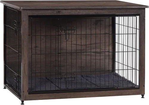 Vista 21 de DWANTON - Perrera con cojín, de madera, con puertas dobles, para interiores, S, M, L, 27.2 pulgadas de largo, negro