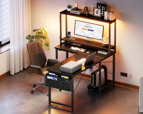 Vista 9 de ODK Escritorio en forma de L de 43 pulgadas con iluminación LED, escritorio reversible para juegos con tomas de corriente, mesa de computadora