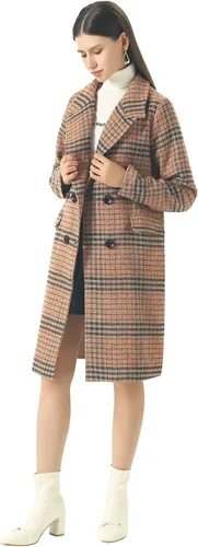 Vista 2 de Chartou Chaqueta larga de invierno con cuello de solapa de lana a cuadros de doble botonadura para mujer