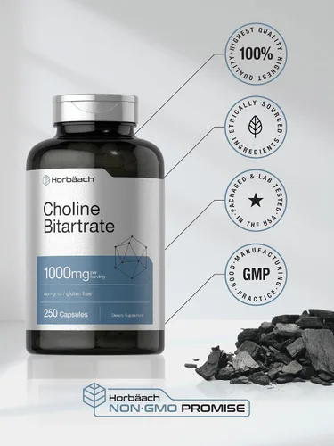 Vista 5 de Horbaach Suplemento de bitartrato de colina 1000 mg 250 cápsulas Alta potencia Sin OMG, sin gluten
