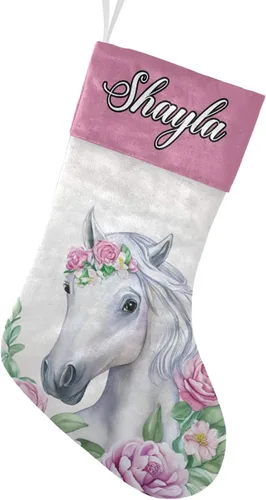 Vista 21 de Calcetines de Navidad personalizados con diseño de unicornio y flores con nombre, medias de Navidad personalizadas para decoración de fiestas