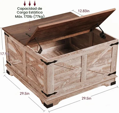 Vista 2 de senlin Mesa de café de casa de campo, mesa de café resistente con almacenamiento, mesa central cuadrada de madera con compartimento