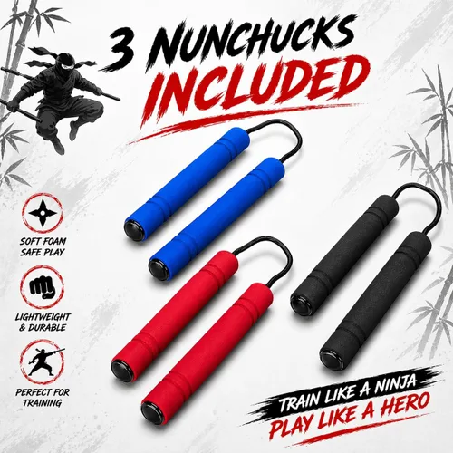 Vista 2 de ArtCreativity Nunchucks de juguete de espuma para niños en varios colores (juego de 3) juguetes de entrenamiento con asas suaves, el mejor regalo