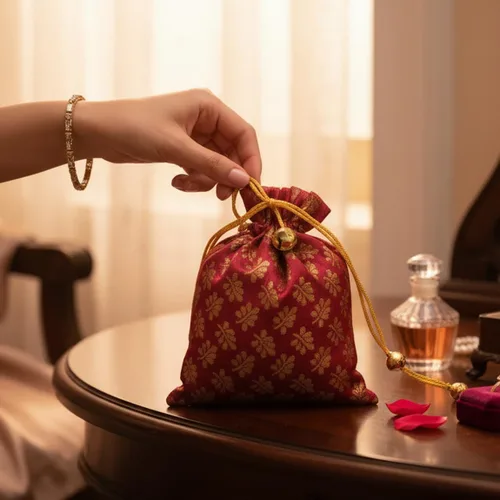 Vista 2 de Touchstone Bolsas con cordón de tela tradicional india, hechas a mano, perfectas para regalos, joyas, bodas, bolsas, bolsas, Potli, -Mimosa