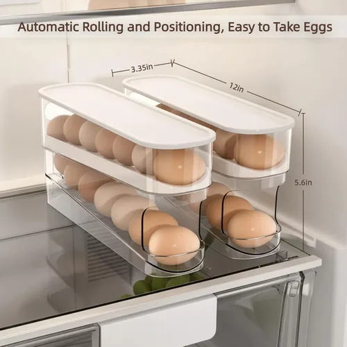 Vista 7 de Dispensador automático de huevos para refrigerador, organizador de huevos para refrigerador que ahorra espacio y almacenamiento con tapa, bandeja