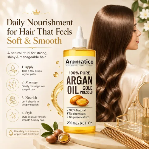 Vista 7 de Aromatico 100% Pure Argan Oil 7 fl oz – Lightweight, Non-Greasy Hair & Skin Oil for Smooth, Shiny Hair & Deep Moisture – Cold Pressed Multipurpose