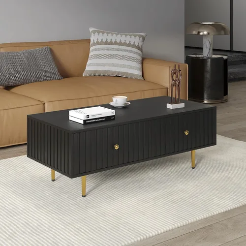 Vista 9 de HedoAjim Mesa de centro moderna con almacenamiento con 2 cajones grandes, mesa auxiliar rectangular negra para sala de estar, mesa de té acanalada