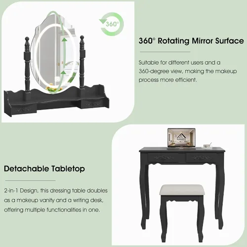 Vista 6 de Escritorio de tocador con espejo y luces, mesa de maquillaje moderna y taburete acolchado con 4 cajones, 3 modos de iluminación de color con brillo