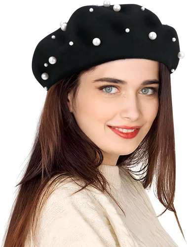 Vista 3 de Boina de cachemira de perlas estrelladas de lujo para mujer, accesorio elegante de invierno, Negro