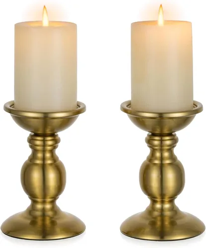 Vista 10 de NUPTIO Pillar Candle Holder Brass: Gold Tall Candles Stand for 3" Pillars Latón