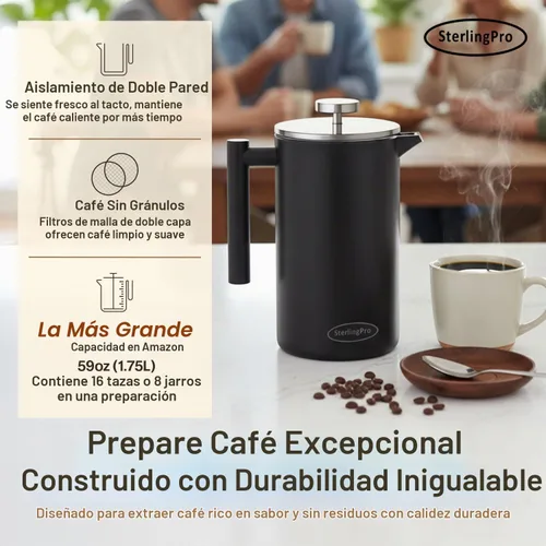 Vista 2 de SterlingPro - Cafetera de prensa francesa de acero inoxidable extra grande con aislamiento no tóxico de 64 onzas, capacidad de 1/2 galón/2 litros