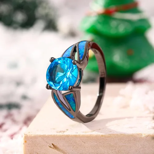 Vista 2 de UFOORO Anillo infinito de ópalo de fuego chapado en rodio negro, circonita cúbica, boda, compromiso, aniversario, anillos para mujer, Cristal