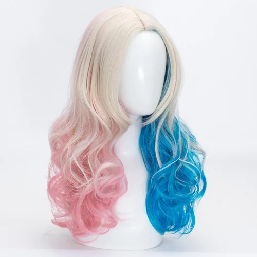 Vista 3 de Peluca rubia rizada de cosplay para mujer, peluca larga con raya media azul y rosa, disfraz de Halloween
