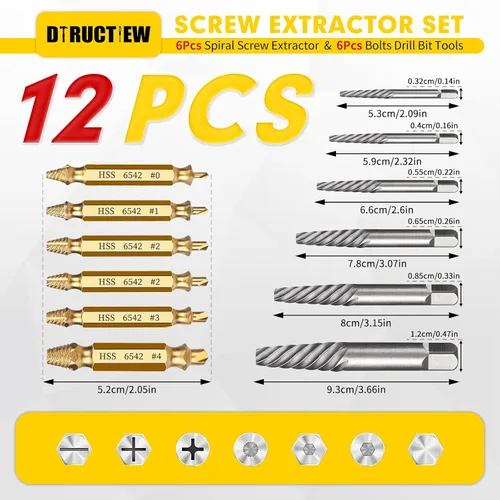 Vista 2 de Juego de 12 extractores de tornillos pelados - Juego de extractor de tornillos fácil de sacar, kit extractor de pernos Hss 6542, herramientas