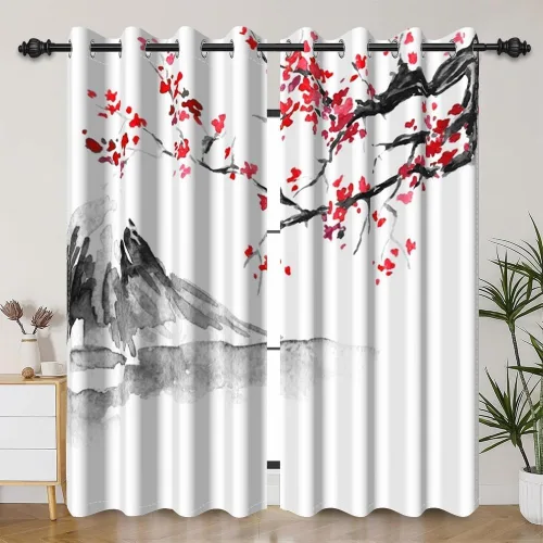 Vista 56 de Cortinas japonesas con pintura de tinta, monte Fuji, sol rojo, puesta de sol, hojas de bambú, cortinas de ventana para dormitorio, sala de estar
