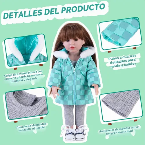 Vista 2 de Rakki Dolli Conjunto de ropa de muñeca de 3 piezas. Conjunto de abrigo grueso con capucha a cuadros azules y grises con manga larga, traje de muñeca