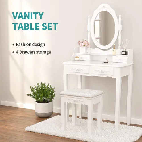 Vista 2 de SkiPack NA - Juego de mesa de tocador con 4 cajones, tocador de maquillaje con taburete acolchado, juego de muebles de dormitorio para niñas y Blanco