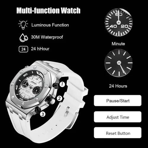 Vista 3 de RORIOS Relojes de moda para hombre, relojes analógicos de cuarzo, relojes luminosos para hombres, reloj de pulsera impermeable multifunción, Blanco