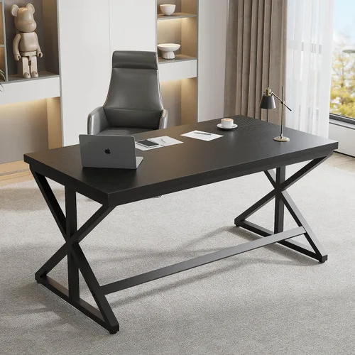 Vista 6 de IBF - Escritorio de oficina negro, moderno escritorio de metal de madera para computadora en oficina, 47 pulgadas