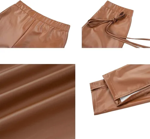 Vista 6 de ABYOVRT Pantalones de piel sintética para mujer, cintura alta, elásticos, de piel sintética, pantalones ajustados divididos, ropa de calle