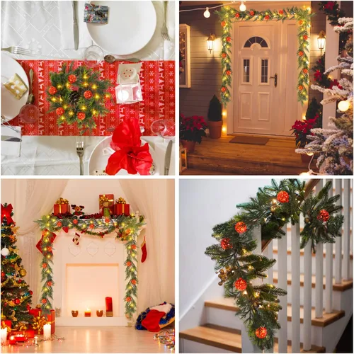 Vista 7 de CCINEE Guirnalda de Navidad de 6 pies con luces, guirnalda de Navidad artificial preiluminada con 20 luces LED, funciona con pilas, guirnalda