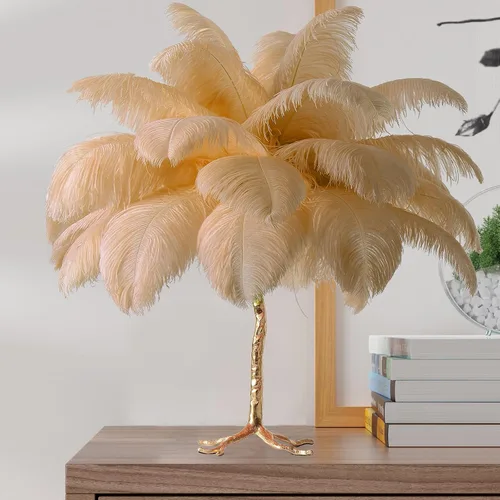 Vista 2 de MAYOLA Lámpara de mesa moderna de plumas de avestruz con cable enchufable, lámpara de pie de noche de 3 luces para sala de estar, dormitorio