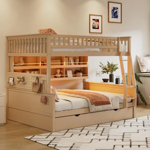 Vista 12 de SOFTSEA Full XL Over Queen Wooden Bunk Bed with Drawers and LED, Beige
