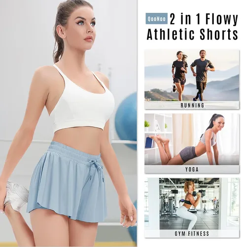Vista 2 de QooNoo Pantalones cortos deportivos 2 en 1 para mujer, pantalones cortos de mariposa fluidos con bolsillos, pantalones cortos de gimnasio de alta