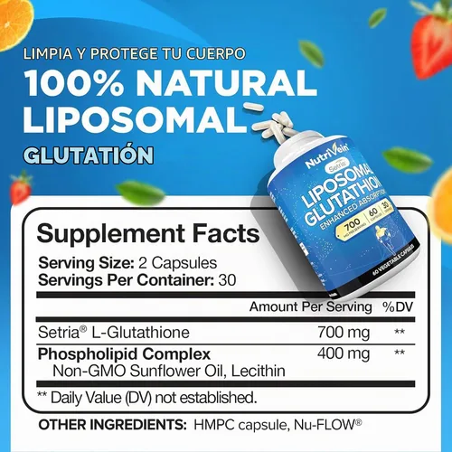 Vista 2 de Nutrivein Suplemento glutatión liposomal 700 mg Setria - 60 Cápsulas