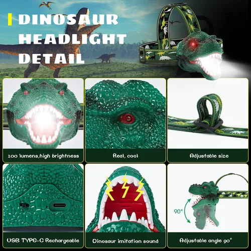 Vista 3 de Dysaim Linterna Frontal para Niños, Linterna Frontal de Dinosaurio T-Rex Recargable para Niños y Lámpara LED de Cabeza, Linterna de Equipo