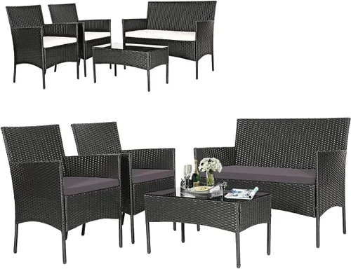 Vista 13 de COSTWAY Juego de muebles de ratán de patio de 4 piezas, juego de conversación de ratán al aire libre con mesa de centro de vidrio templado, sofá