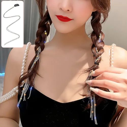 Vista 3 de Cadenas para el cabello para mujer, 4 pinzas de pelo plateadas con borlas de diamantes de imitación, extensiones de cabello, horquilla decorativa
