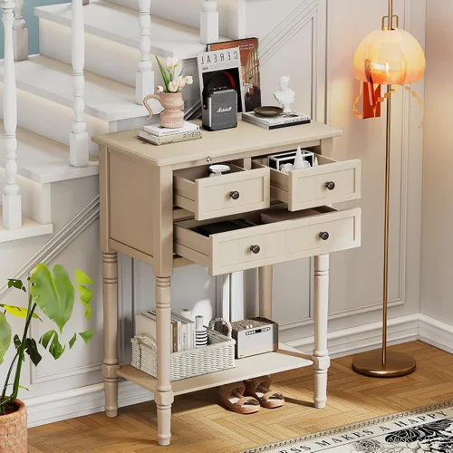 Vista 3 de P PURLOVE Mesa consola estrecha antigua, mesa de entrada delgada para sofá con 3 cajones de almacenamiento para sala de estar, entrada Beige