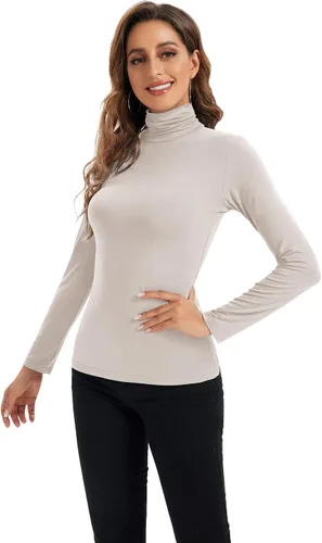 Vista 5 de Camiseta de manga larga con cuello alto para mujer, suave, elástica, capa base ajustada.
