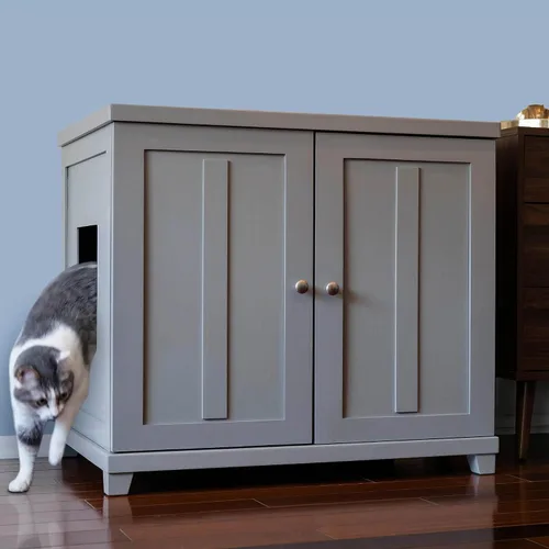 Vista 18 de THE REFINED FELINE Armario de caja de arena para gatos, agitador, gris humo, niveladores ajustables, grande, muebles ocultos para gatos con cajón