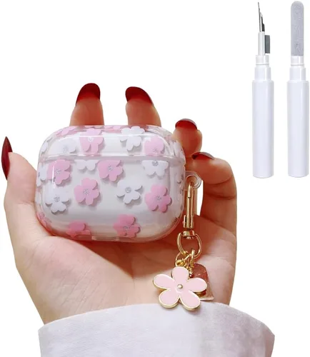 Vista 12 de Funda protectora para AirPods Pro de 1ª generación con llavero, bonita funda protectora para auriculares con flores negras y flores, TPU suave