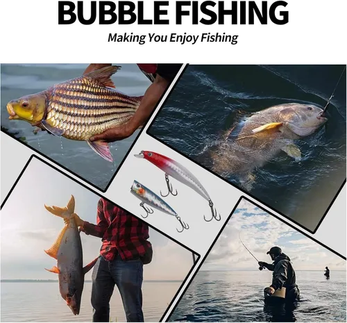 Vista 3 de Kit de señuelos de pesca mezclados, incluyendo ojos 3D Hard Minnow Popper cebos de manivela con ganchos para agua salada, trucha, lubina, salmón