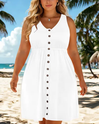 Vista 85 de Holipick Vestidos de verano para mujer, talla grande, casual, con bolsillos, acampanado, con botones, sin mangas, cuello en V
