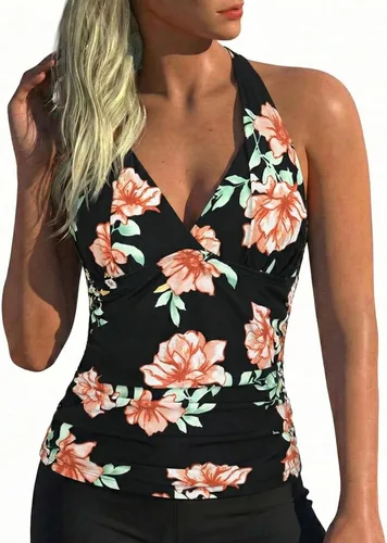 Vista 11 de Hilor - Parte superior de tankini para natación, con cuello profundo en V y halter, drapeado, para mujer Amaranto