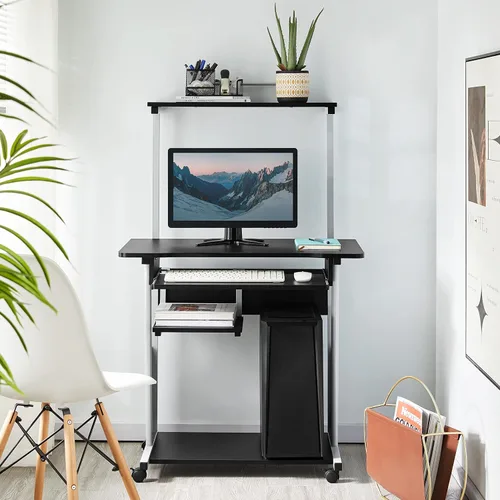 Vista 5 de Yaheetech Escritorio de computadora móvil de 2 niveles con estante para impresora y bandeja para teclado, mesa de computadora rodante para espacios