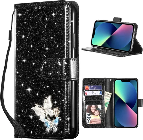 Vista 8 de UEEBAI Funda tipo cartera para iPhone 11, funda de piel sintética con purpurina para teléfono, ranuras para tarjetas, funda con función atril Negro