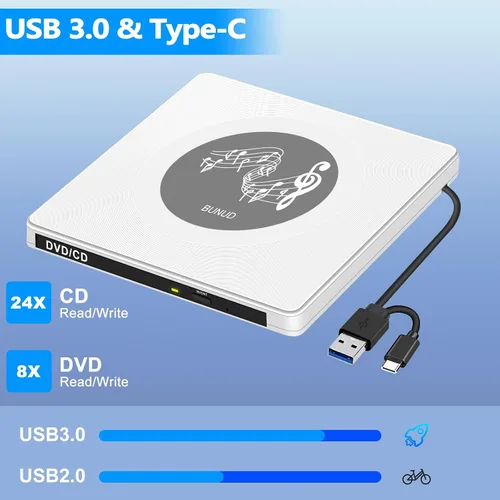 Vista 4 de BUNUD Unidad externa de CD y DVD: USB C y USB 3.0 Grabador de CD Reproductor de DVD para PC portátil Windows 11 Mac Linux - Escritor lector