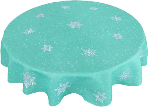 Vista 5 de Mantel bordado de copos de nieve para Navidad (azul claro, redondo de 70 pulgadas)