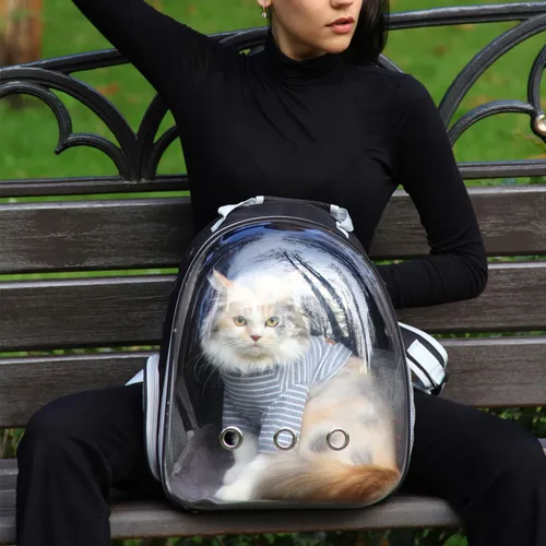 Vista 6 de Mochila transportadora para gatos, transportador de mascotas con diseño ventilado para transportar cachorros y gatos, mochila transportadora de Negro