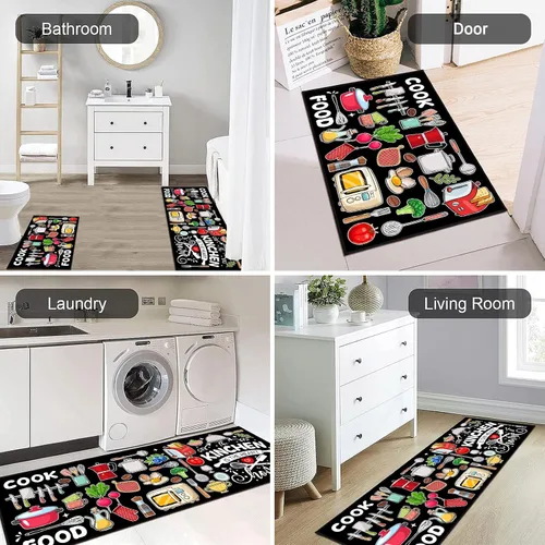 Vista 6 de Farmhouse Kitchen Rules Alfombra Juego de 2 Piezas, Decoración Rústica Negra Alfombras de Cocina, Tapetes de Piso Antideslizantes Absorbentes
