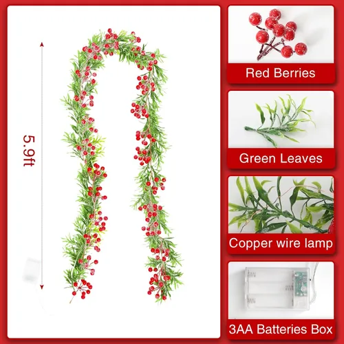 Vista 3 de Guirnalda de Navidad con luces que funciona con pilas, guirnalda de Navidad iluminada con 20 luces LED de bayas rojas de 5.6 pies, decoraciones