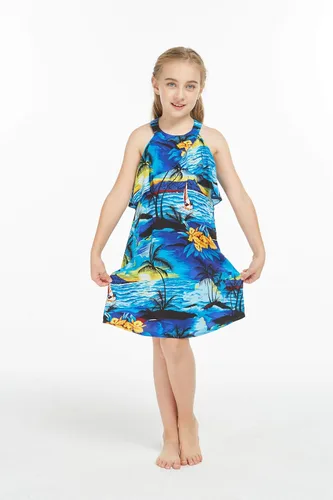 Vista 5 de Ropa de Luau hawaiana a juego para hombres, mujeres, niñas, niños en color azul atardecer, Azul
