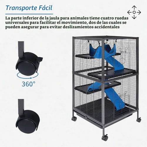 Vista 3 de Kit de jaula de acero de 4 niveles para animales pequeños para conejillos de indias, hurón, conejito con ruedas, frenos, hamaca, 4 plataformas