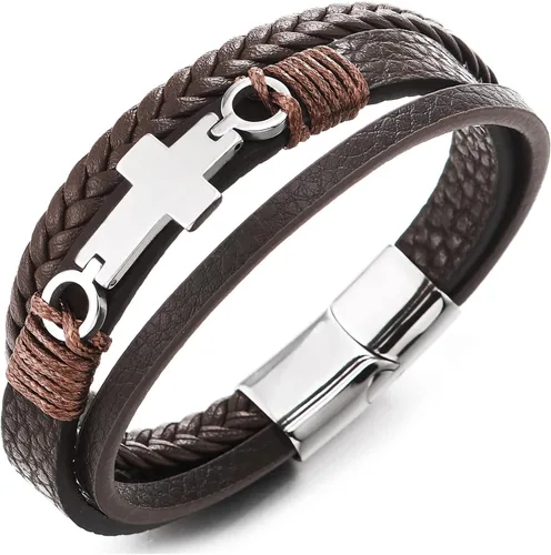 Vista 9 de Pulsera de cuero COOLSTEELANDBEYOND para hombre y mujer, cruz lateral plana, múltiples hebras, estilo brazalete