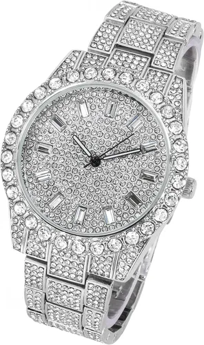 Vista 3 de Techno Pave Reloj de bisel solitario helado de 1.732 in para hombre, esfera baguette